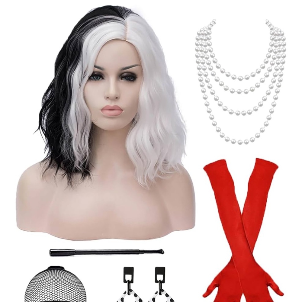 Black and White Medium Length Wig with Two-Tone Design